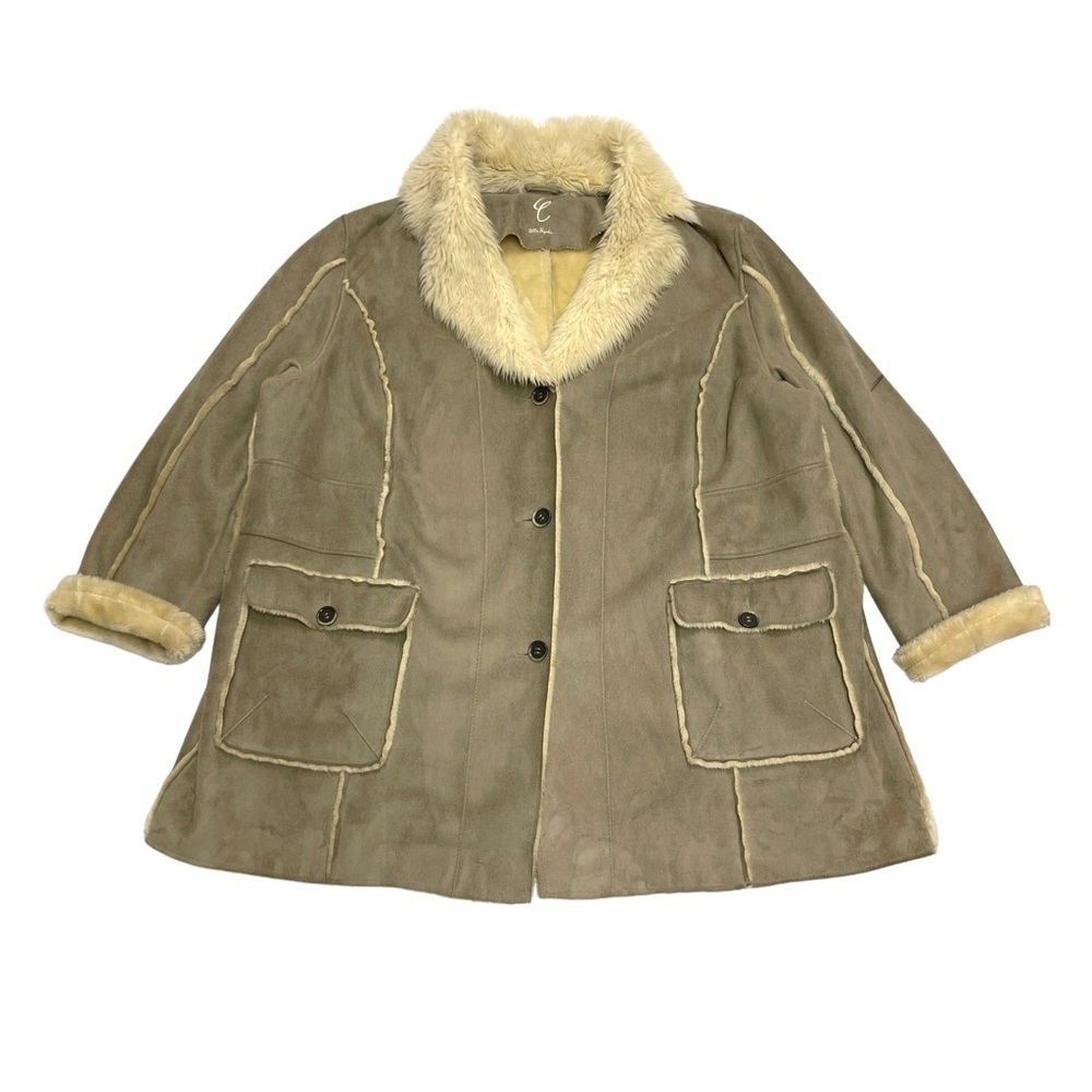 Afghan Coat size 28 grey tan beige single breasted soft cozy furry shearling